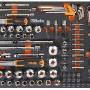 Plateau mousse BETA TOOLS avec composition de cliquets + douilles 1/4 et 1/2